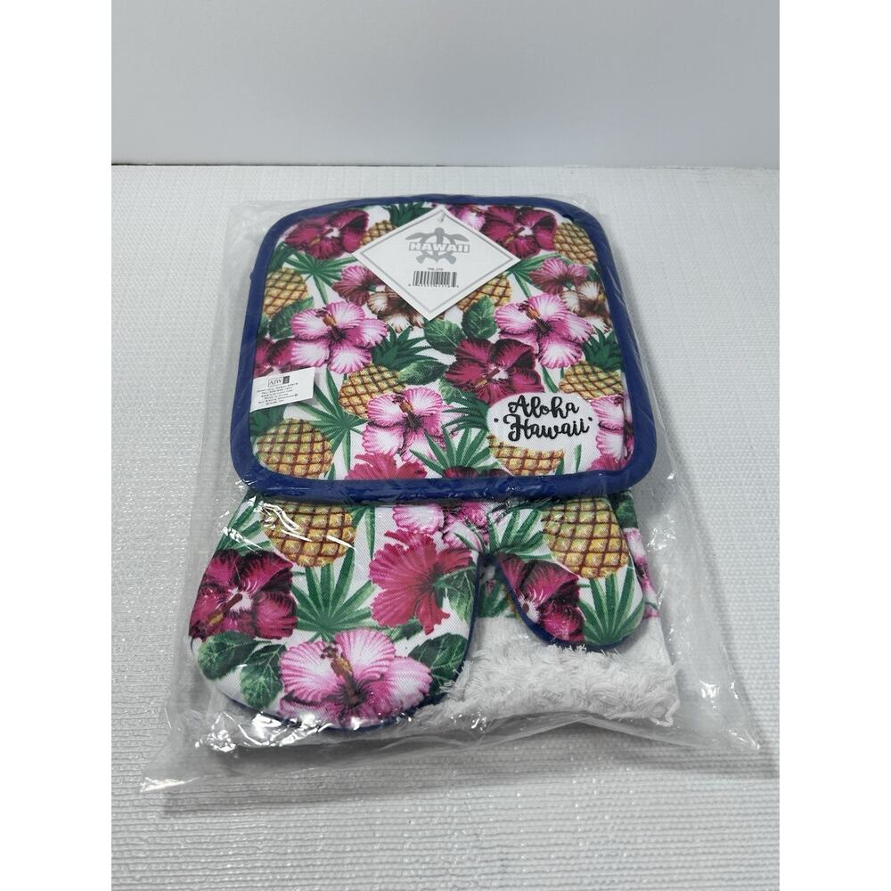 Hawaii Souvenir Kitchen Towel & 2 Potholder Set Tropical‎ Floral Pineapple